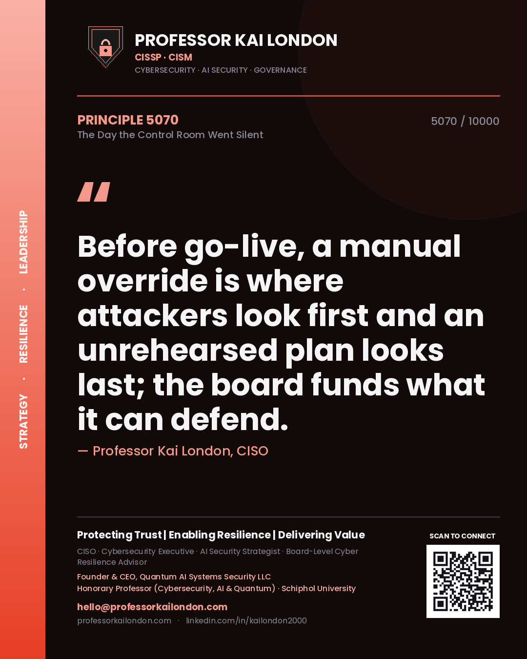 Professor Kai London principle 5070: Before go-live, a manual override is where attackers look first and an unrehearsed plan looks last; the board funds what it can defend.