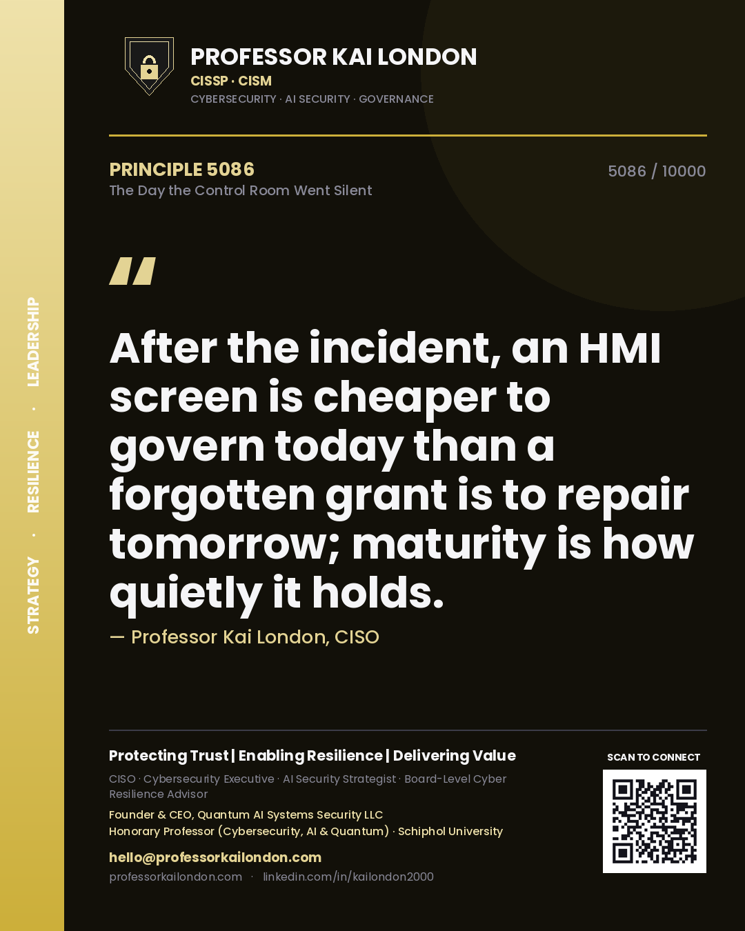 Quote card by Professor Kai London reading 'After the incident, an HMI screen is cheaper to govern today than a forgotten grant is to repair tomorrow; maturity is how quietly it holds.'. From the book The Day the Control Room Went Silent.