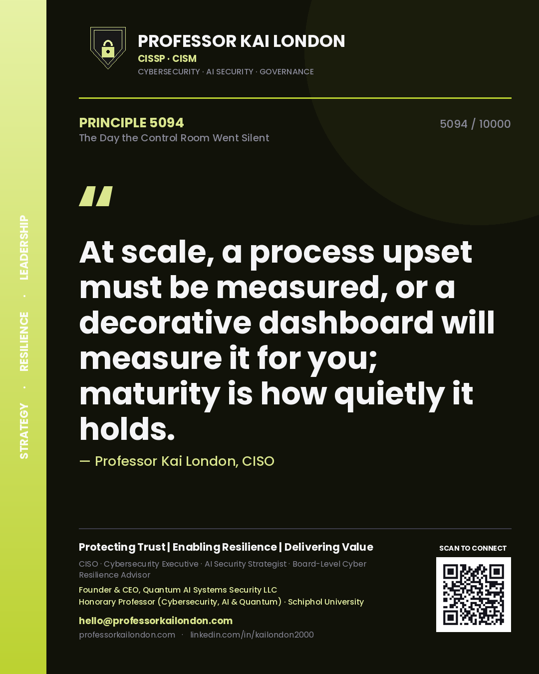 Quote card by Professor Kai London reading 'At scale, a process upset must be measured, or a decorative dashboard will measure it for you; maturity is how quietly it holds.'. From the book The Day the Control Room Went Silent.