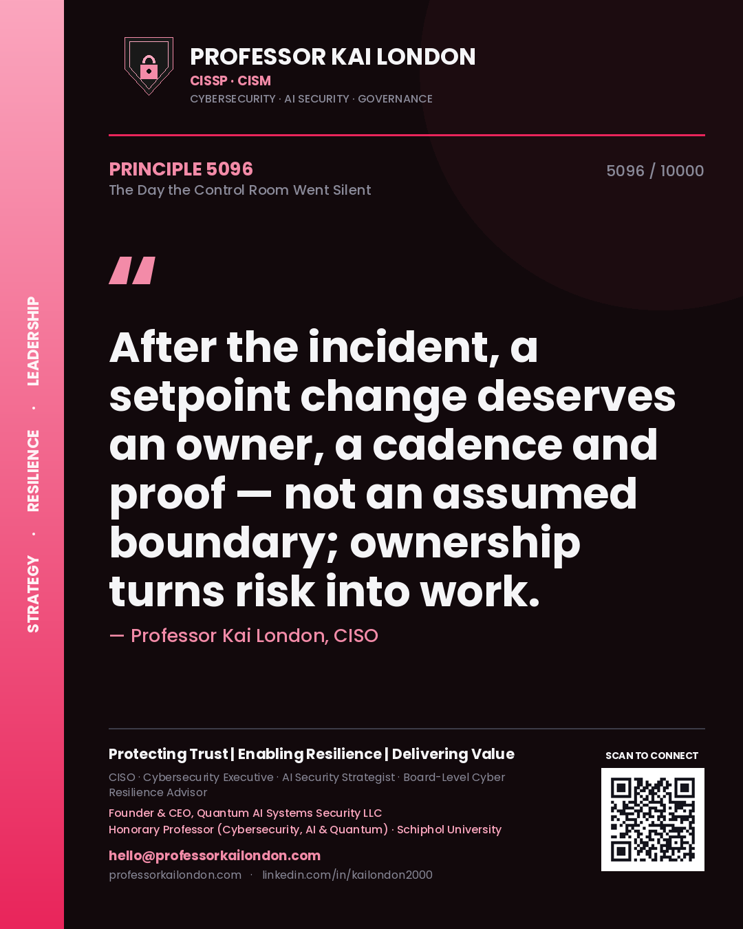 Quote card by Professor Kai London reading 'After the incident, a setpoint change deserves an owner, a cadence and proof — not an assumed boundary; ownership turns risk into work.'. From the book The Day the Control Room Went Silent.