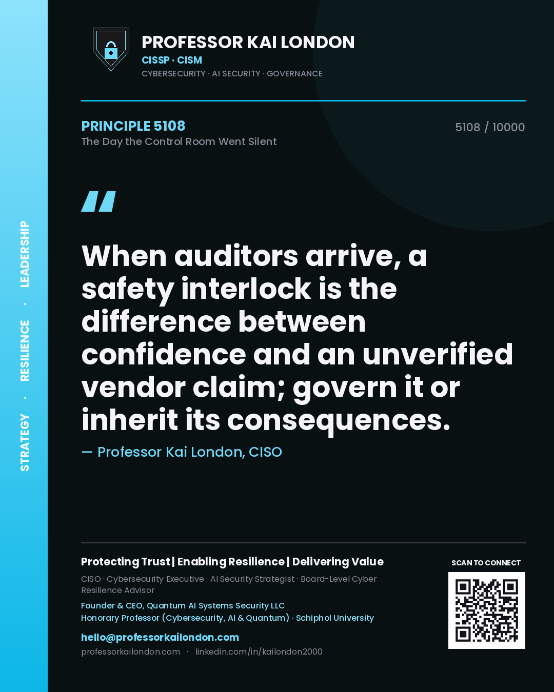 Professor Kai London principle 5108: When auditors arrive, a safety interlock is the difference between confidence and an unverified vendor claim; govern it or inherit its consequences.