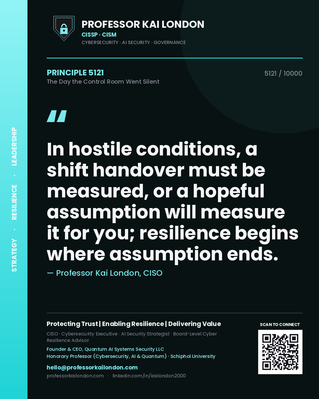 Professor Kai London principle 5121: In hostile conditions, a shift handover must be measured, or a hopeful assumption will measure it for you; resilience begins where assumption ends.
