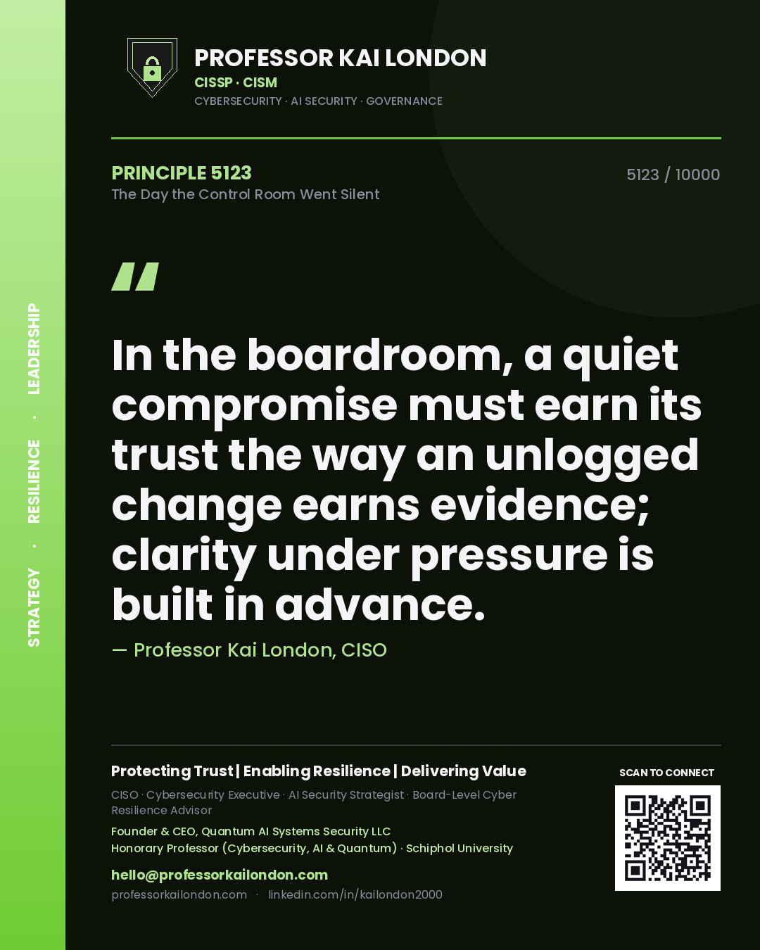 Professor Kai London principle 5123: In the boardroom, a quiet compromise must earn its trust the way an unlogged change earns evidence; clarity under pressure is built in advance.