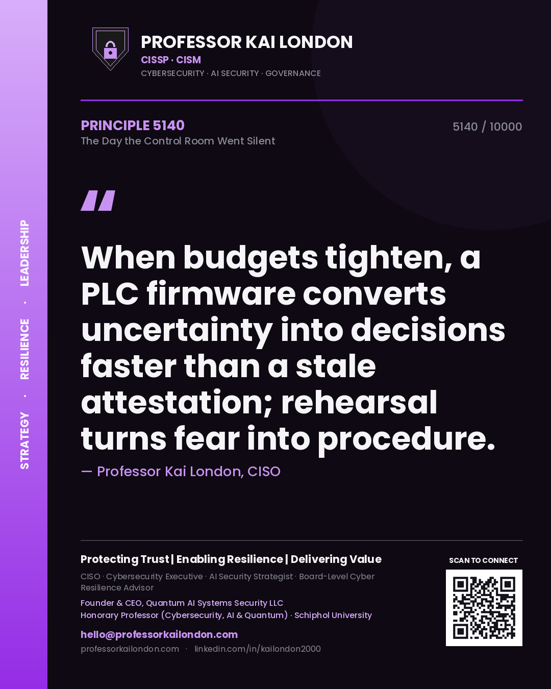Professor Kai London principle 5140: When budgets tighten, a PLC firmware converts uncertainty into decisions faster than a stale attestation; rehearsal turns fear into procedure.