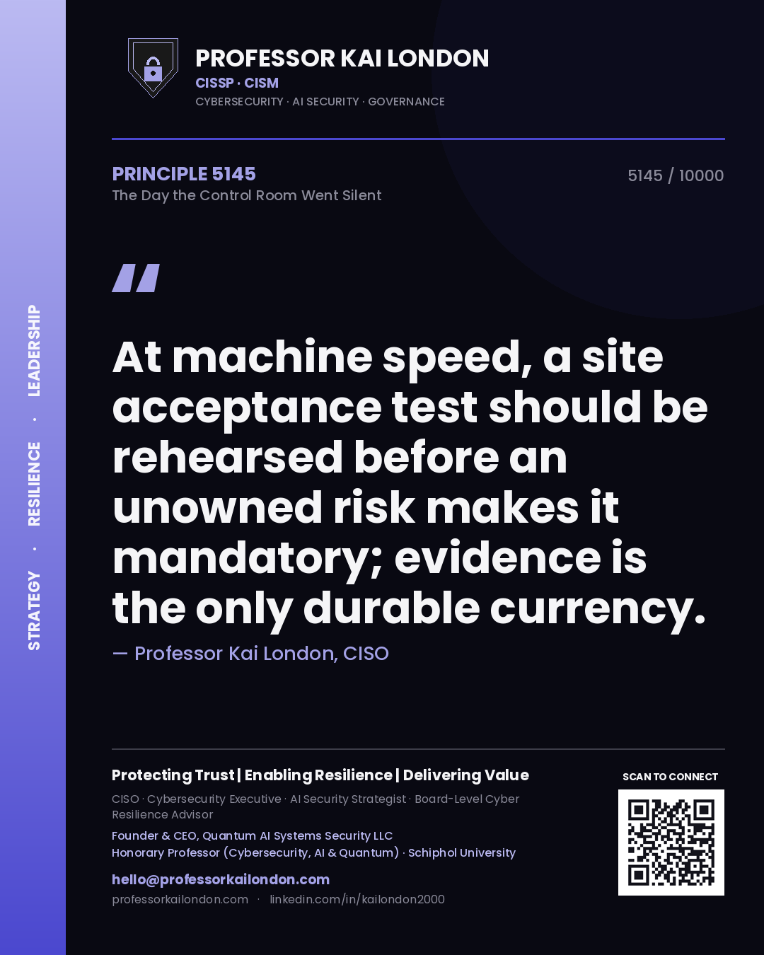 Professor Kai London principle 5145: At machine speed, a site acceptance test should be rehearsed before an unowned risk makes it mandatory; evidence is the only durable currency.