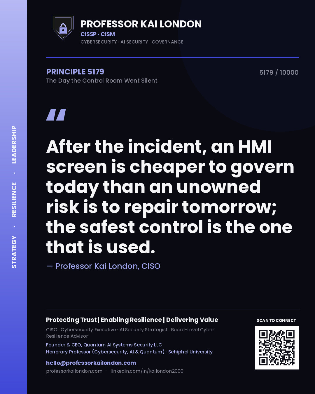 Professor Kai London principle 5179: After the incident, an HMI screen is cheaper to govern today than an unowned risk is to repair tomorrow; the safest control is the one that is used.