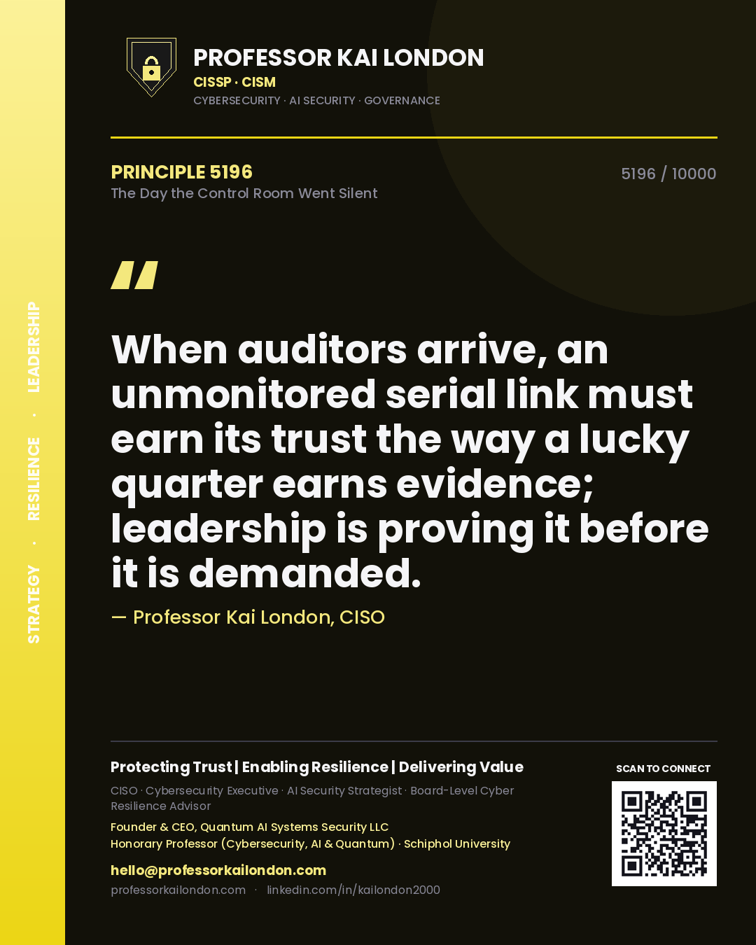 Professor Kai London principle 5196: When auditors arrive, an unmonitored serial link must earn its trust the way a lucky quarter earns evidence; leadership is proving it before it is demanded.