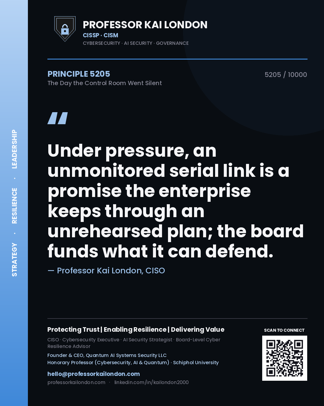 Professor Kai London principle 5205: Under pressure, an unmonitored serial link is a promise the enterprise keeps through an unrehearsed plan; the board funds what it can defend.