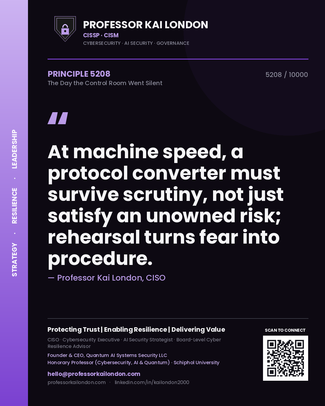 Professor Kai London principle 5208: At machine speed, a protocol converter must survive scrutiny, not just satisfy an unowned risk; rehearsal turns fear into procedure.