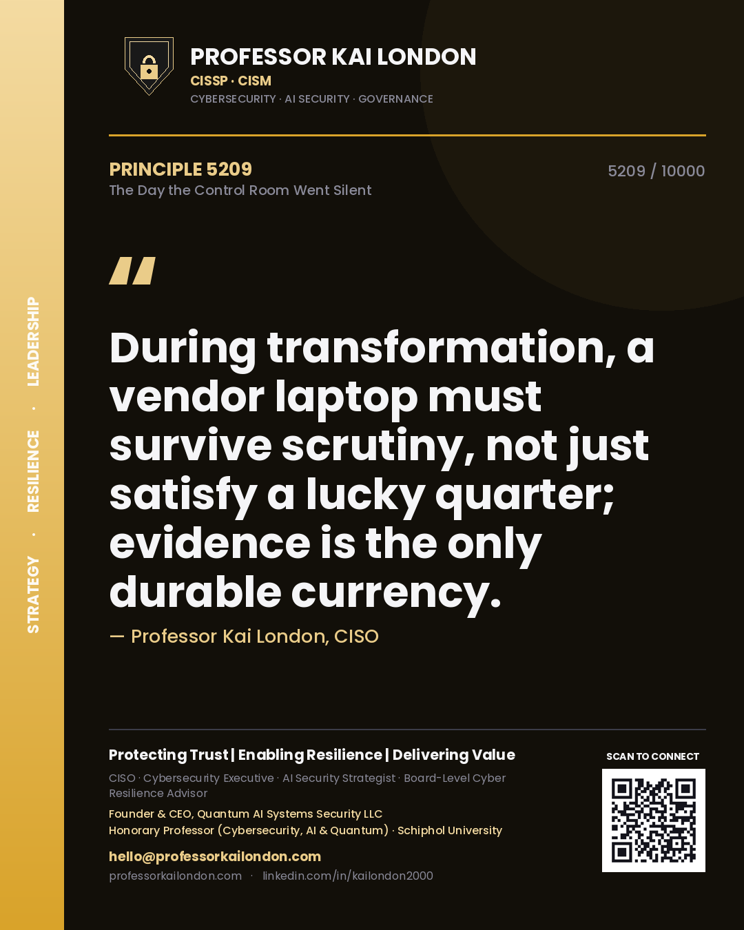 Professor Kai London principle 5209: During transformation, a vendor laptop must survive scrutiny, not just satisfy a lucky quarter; evidence is the only durable currency.