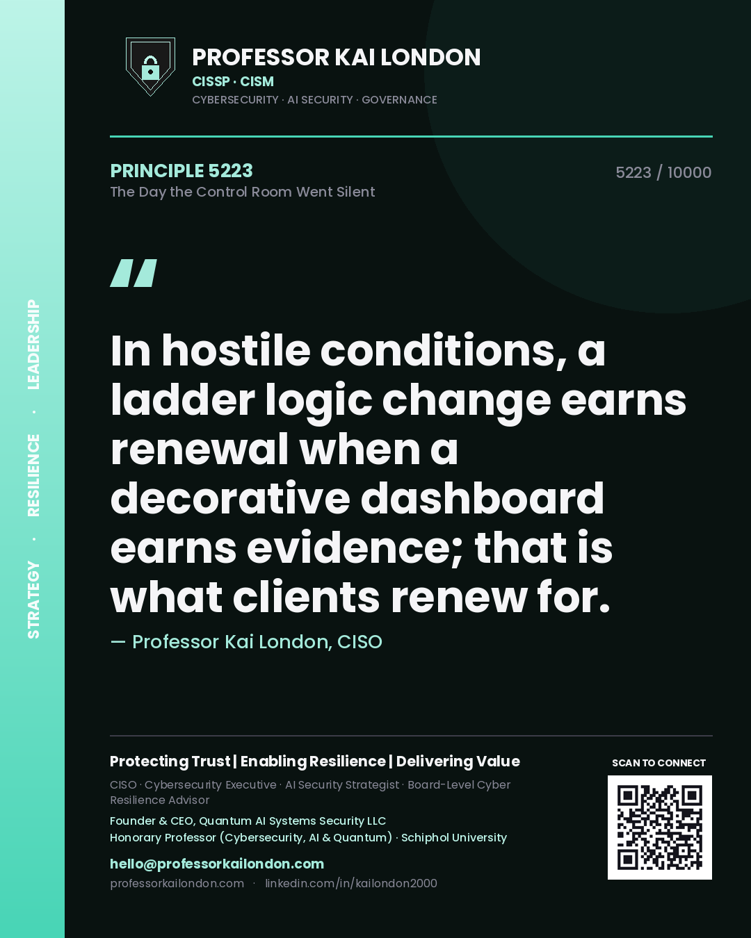 Professor Kai London principle 5223: In hostile conditions, a ladder logic change earns renewal when a decorative dashboard earns evidence; that is what clients renew for.