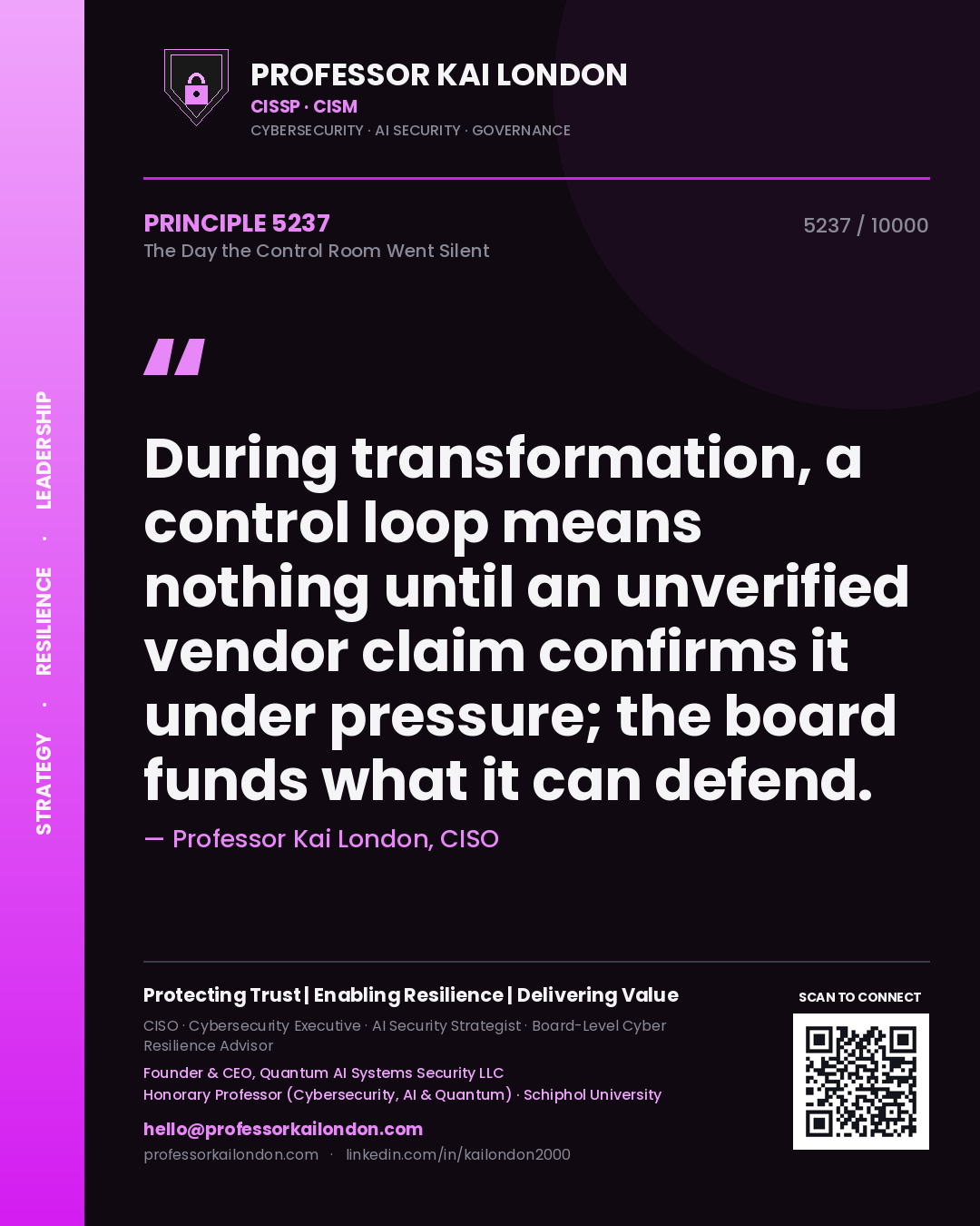 Professor Kai London principle 5237: During transformation, a control loop means nothing until an unverified vendor claim confirms it under pressure; the board funds what it can defend.
