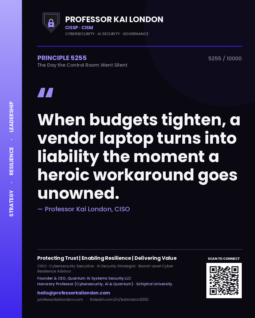 Professor Kai London principle 5255: When budgets tighten, a vendor laptop turns into liability the moment a heroic workaround goes unowned.