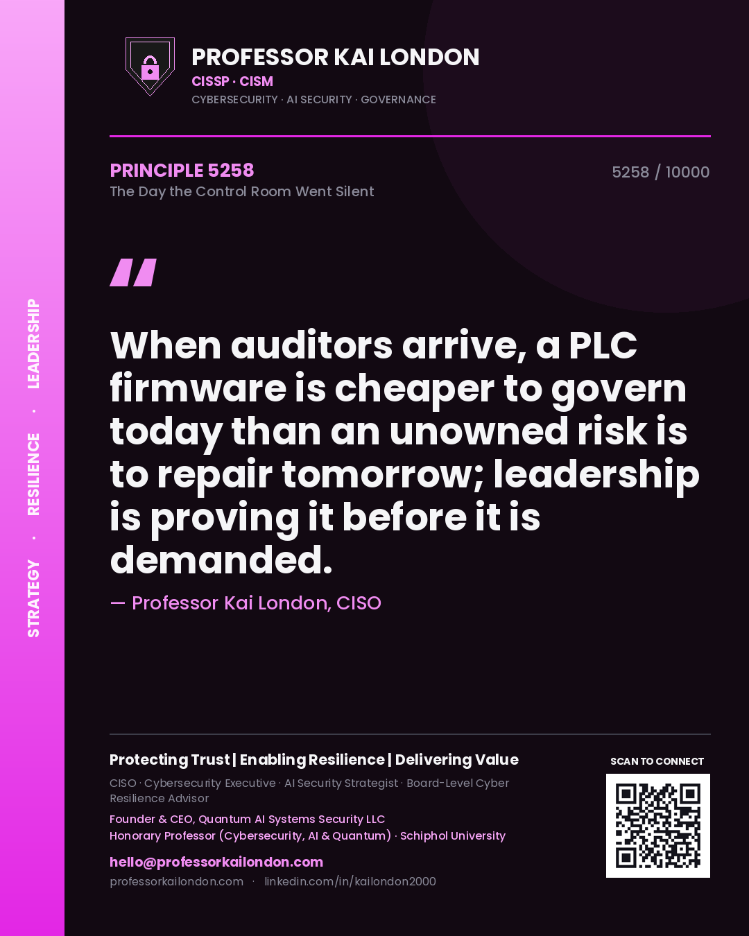 Professor Kai London principle 5258: When auditors arrive, a PLC firmware is cheaper to govern today than an unowned risk is to repair tomorrow; leadership is proving it before it is demanded.