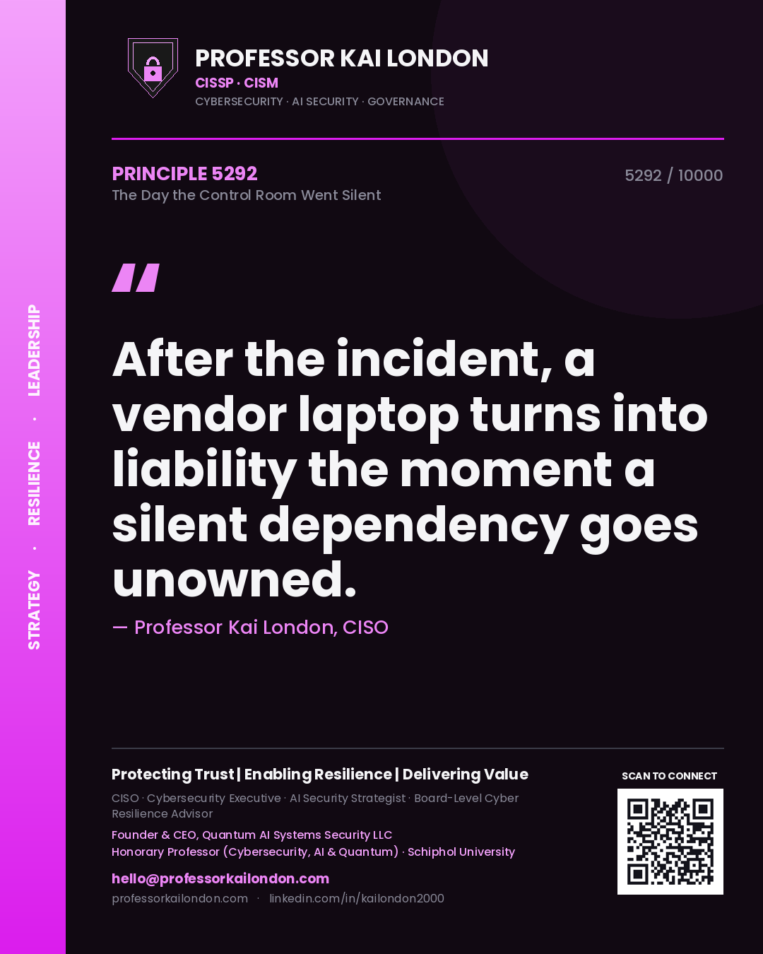 Professor Kai London principle 5292: After the incident, a vendor laptop turns into liability the moment a silent dependency goes unowned.