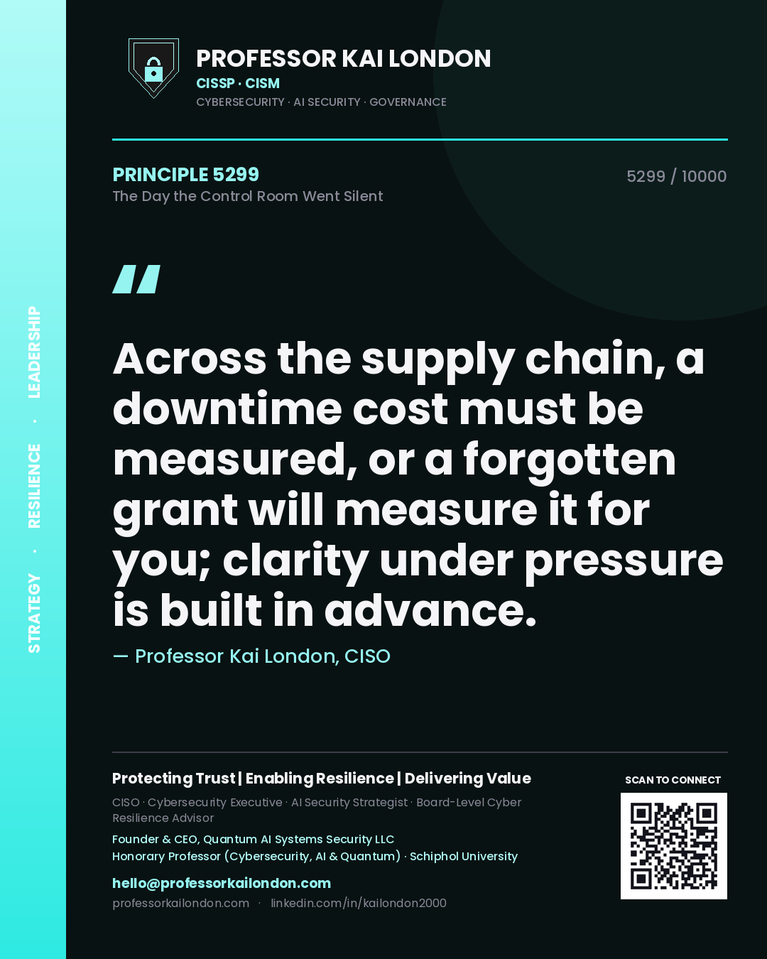 Professor Kai London principle 5299: Across the supply chain, a downtime cost must be measured, or a forgotten grant will measure it for you; clarity under pressure is built in advance.