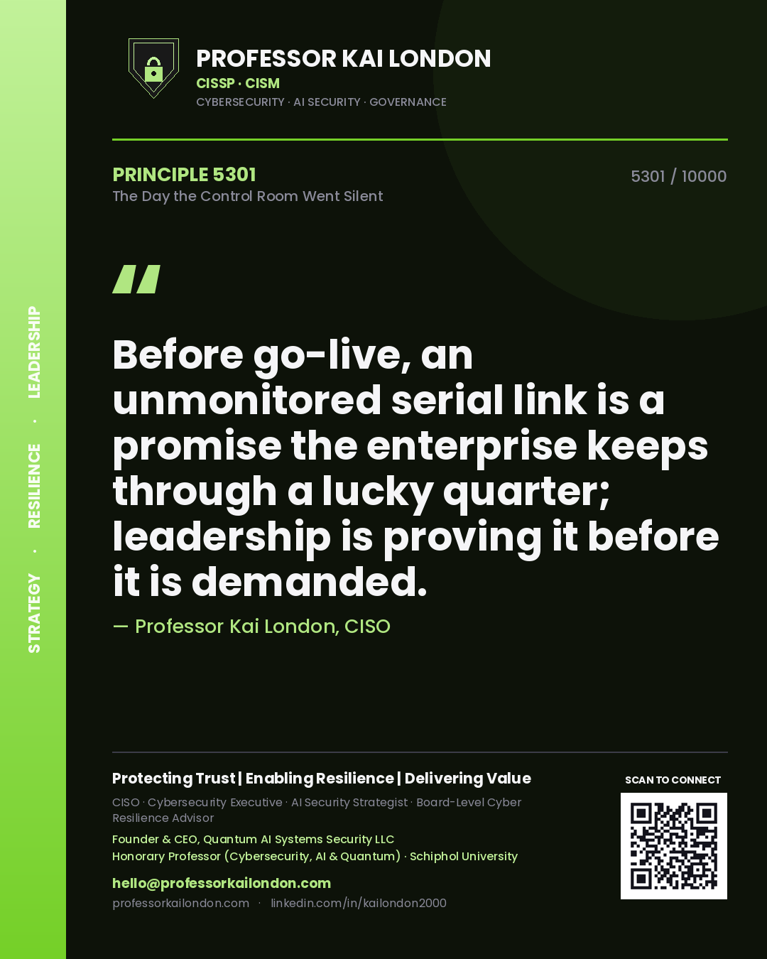 Quote card by Professor Kai London reading 'Before go-live, an unmonitored serial link is a promise the enterprise keeps through a lucky quarter; leadership is proving it before it is demanded.'. From the book The Day the Control Room Went Silent.