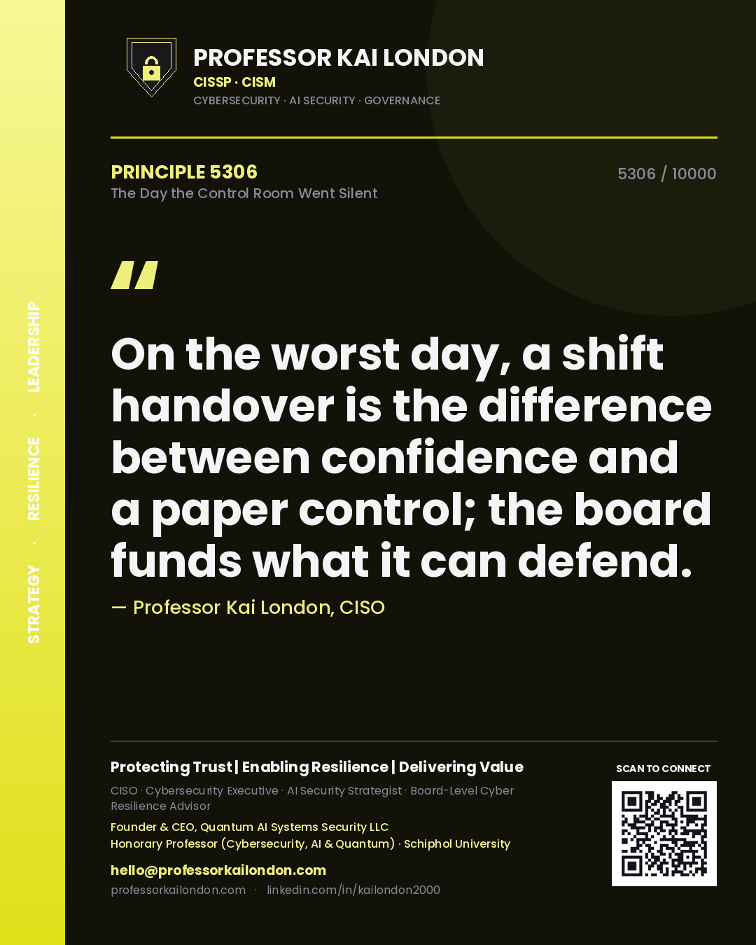 Professor Kai London principle 5306: On the worst day, a shift handover is the difference between confidence and a paper control; the board funds what it can defend.