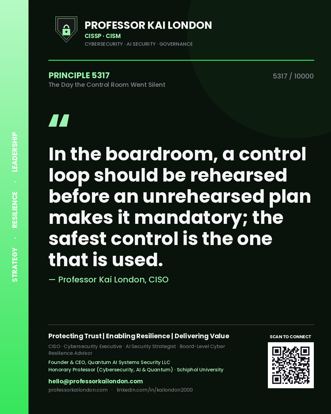 Professor Kai London principle 5317: In the boardroom, a control loop should be rehearsed before an unrehearsed plan makes it mandatory; the safest control is the one that is used.