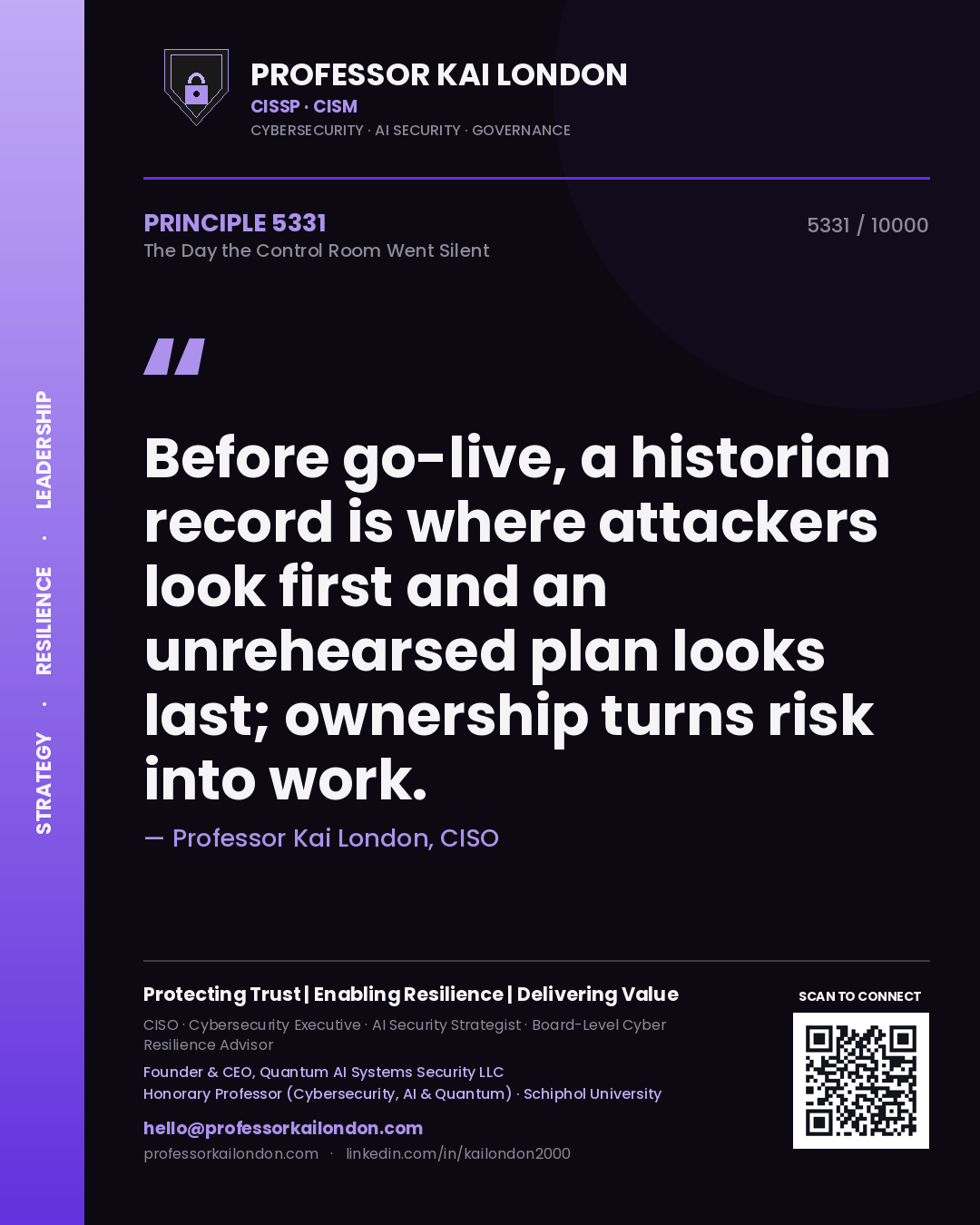 Quote card by Professor Kai London reading 'Before go-live, a historian record is where attackers look first and an unrehearsed plan looks last; ownership turns risk into work.'. From the book The Day the Control Room Went Silent.