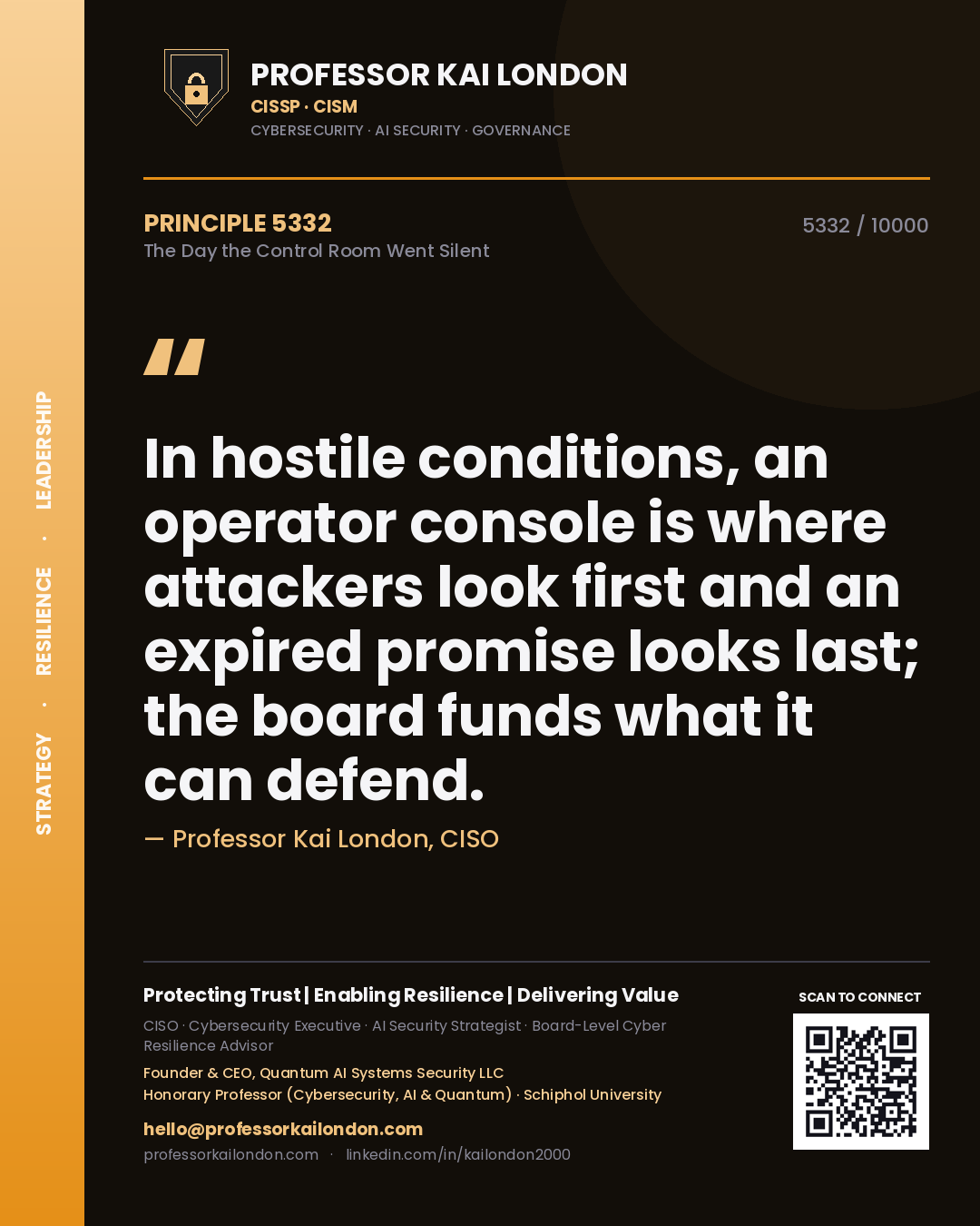 Quote card by Professor Kai London reading 'In hostile conditions, an operator console is where attackers look first and an expired promise looks last; the board funds what it can defend.'. From the book The Day the Control Room Went Silent.