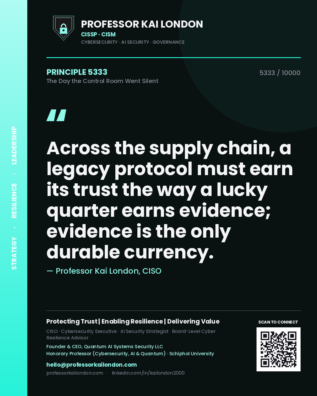 Quote card by Professor Kai London reading 'Across the supply chain, a legacy protocol must earn its trust the way a lucky quarter earns evidence; evidence is the only durable currency.'. From the book The Day the Control Room Went Silent.
