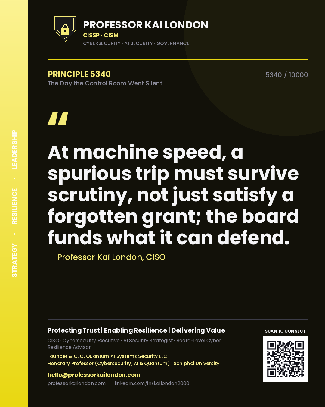 Professor Kai London principle 5340: At machine speed, a spurious trip must survive scrutiny, not just satisfy a forgotten grant; the board funds what it can defend.