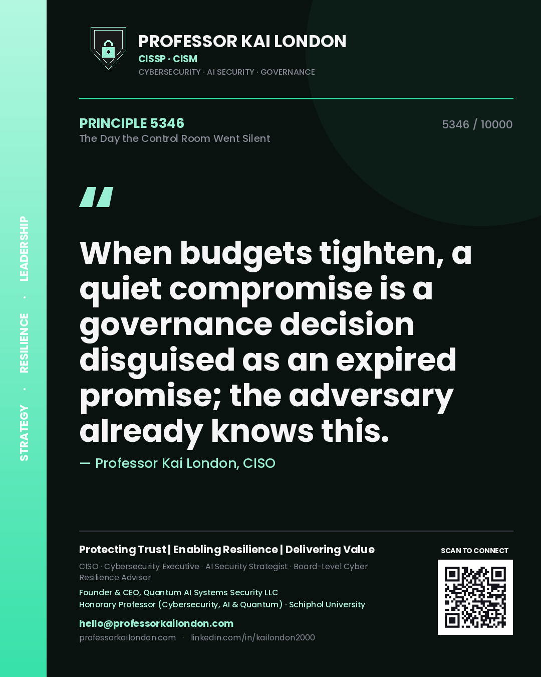 Quote card by Professor Kai London reading 'When budgets tighten, a quiet compromise is a governance decision disguised as an expired promise; the adversary already knows this.'. From the book The Day the Control Room Went Silent.