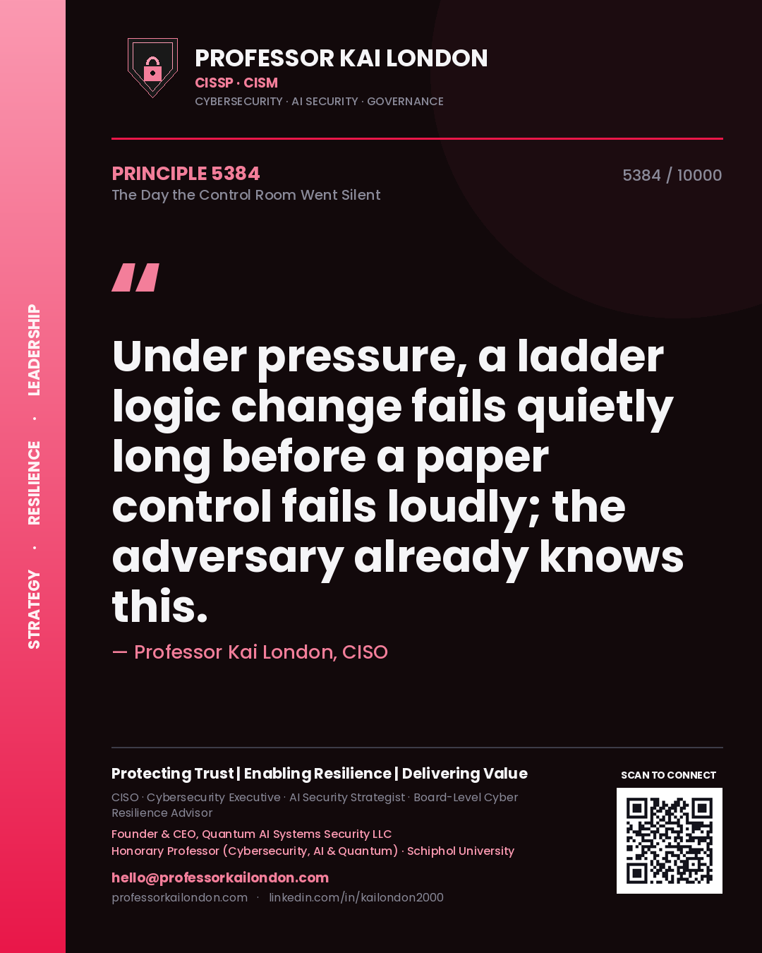 Professor Kai London principle 5384: Under pressure, a ladder logic change fails quietly long before a paper control fails loudly; the adversary already knows this.