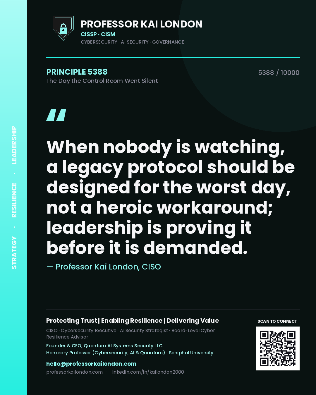 Quote card by Professor Kai London reading 'When nobody is watching, a legacy protocol should be designed for the worst day, not a heroic workaround; leadership is proving it before it is demanded.'. From the book The Day the Control Room Went Silent.