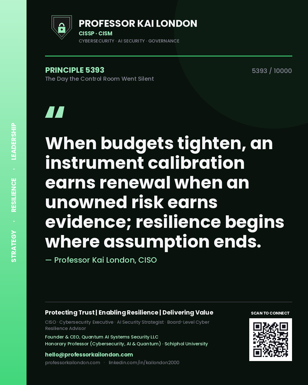 Quote card by Professor Kai London reading 'When budgets tighten, an instrument calibration earns renewal when an unowned risk earns evidence; resilience begins where assumption ends.'. From the book The Day the Control Room Went Silent.