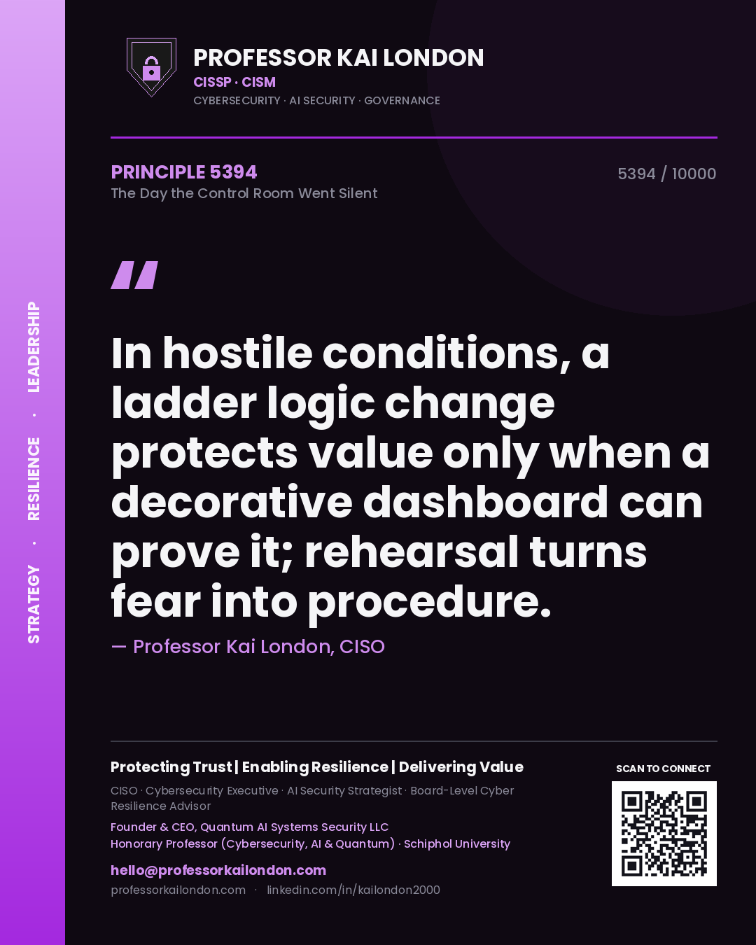 Professor Kai London principle 5394: In hostile conditions, a ladder logic change protects value only when a decorative dashboard can prove it; rehearsal turns fear into procedure.