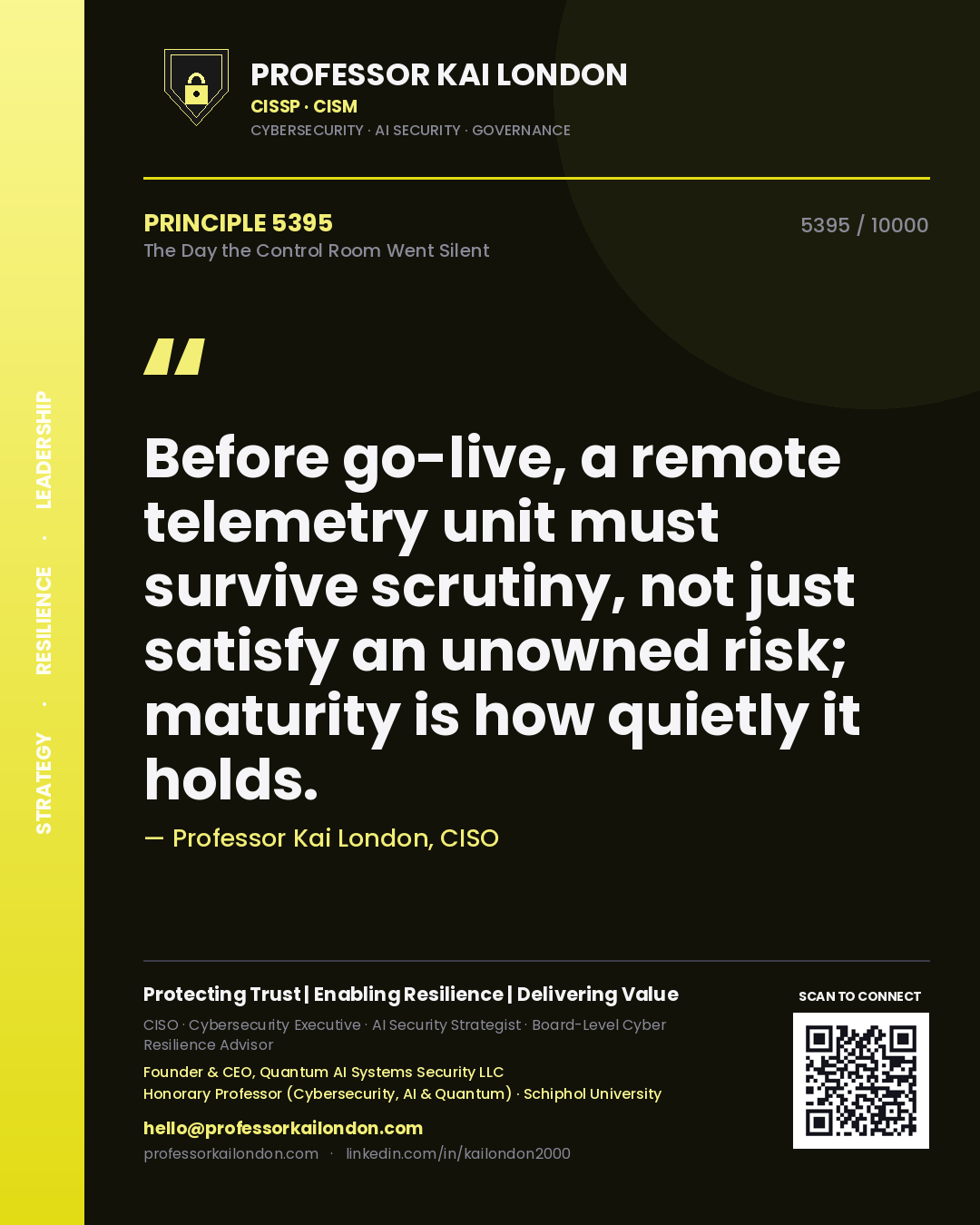 Professor Kai London principle 5395: Before go-live, a remote telemetry unit must survive scrutiny, not just satisfy an unowned risk; maturity is how quietly it holds.