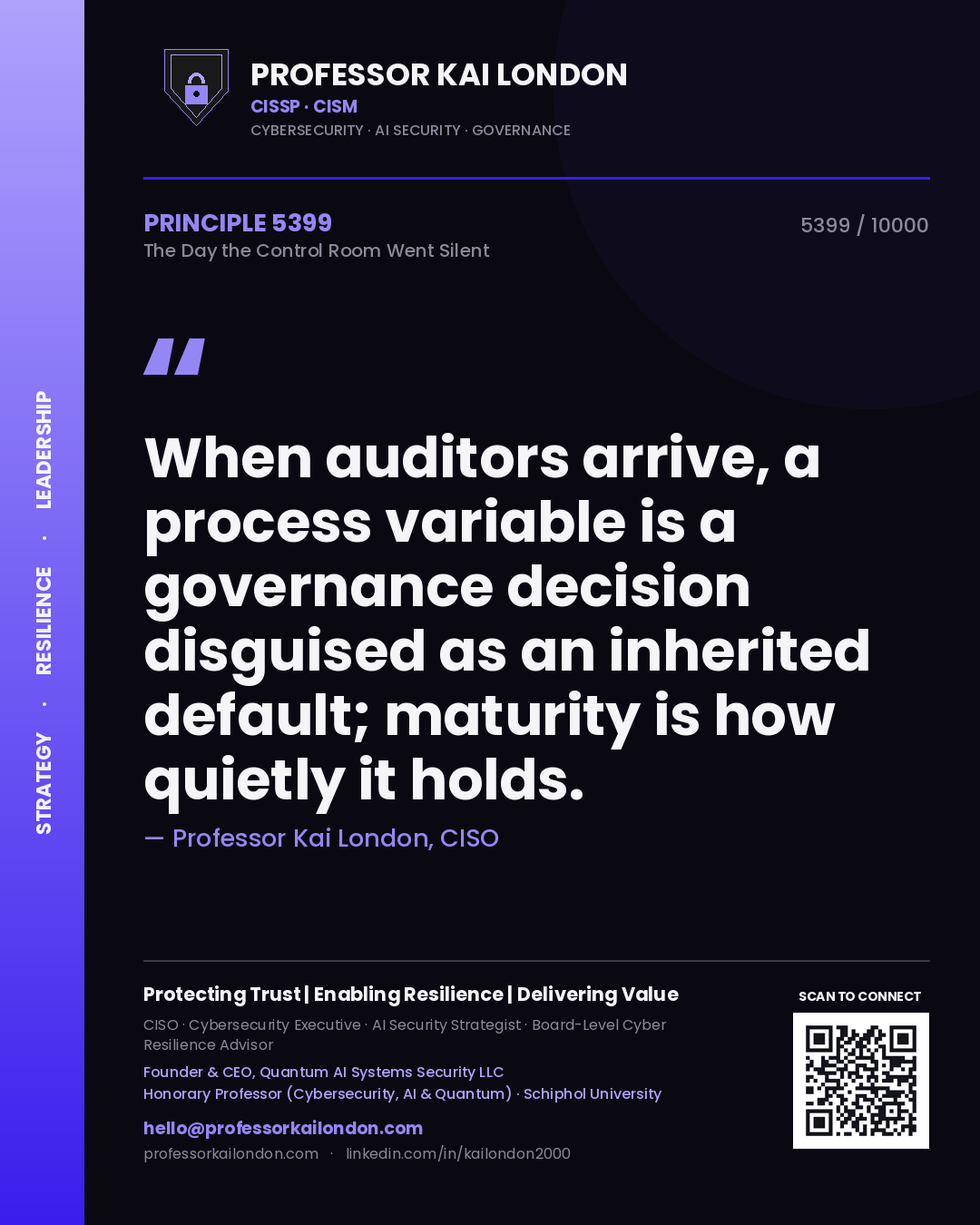 Quote card by Professor Kai London reading 'When auditors arrive, a process variable is a governance decision disguised as an inherited default; maturity is how quietly it holds.'. From the book The Day the Control Room Went Silent.