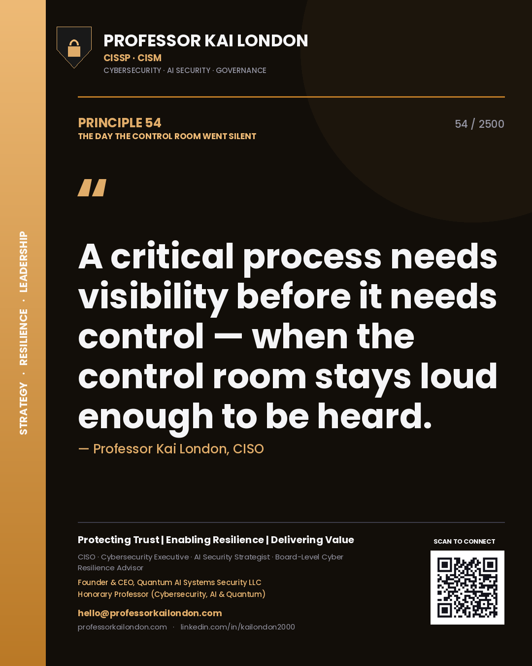 Professor Kai London principle 54: A critical process needs visibility before it needs control — when the control room stays loud enough to be heard.