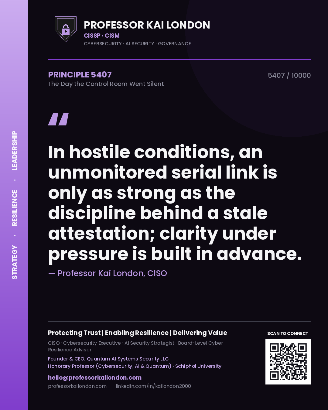 Professor Kai London principle 5407: In hostile conditions, an unmonitored serial link is only as strong as the discipline behind a stale attestation; clarity under pressure is built in advance.