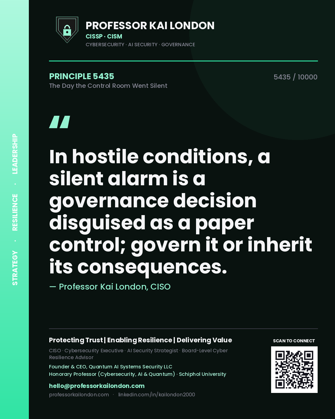 Professor Kai London principle 5435: In hostile conditions, a silent alarm is a governance decision disguised as a paper control; govern it or inherit its consequences.