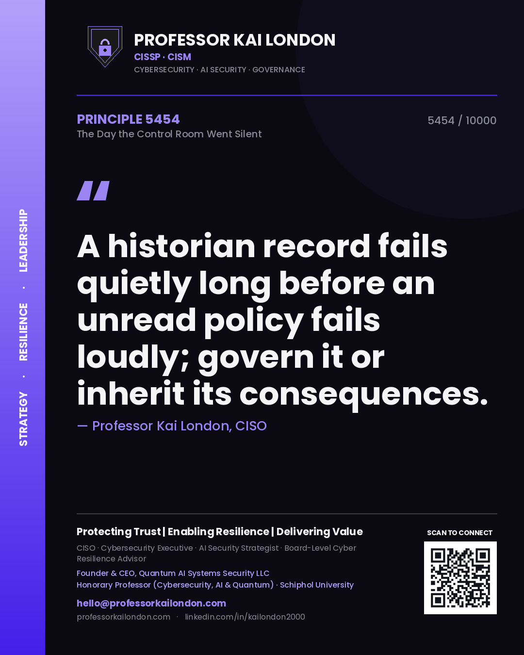 Professor Kai London principle 5454: A historian record fails quietly long before an unread policy fails loudly; govern it or inherit its consequences.