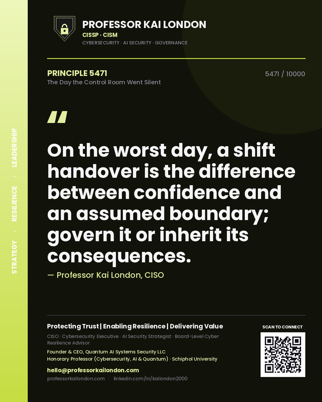 Professor Kai London principle 5471: On the worst day, a shift handover is the difference between confidence and an assumed boundary; govern it or inherit its consequences.