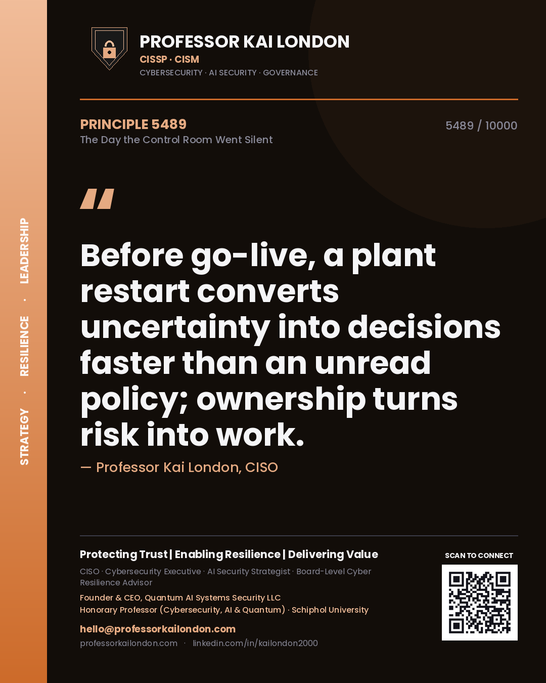 Professor Kai London principle 5489: Before go-live, a plant restart converts uncertainty into decisions faster than an unread policy; ownership turns risk into work.