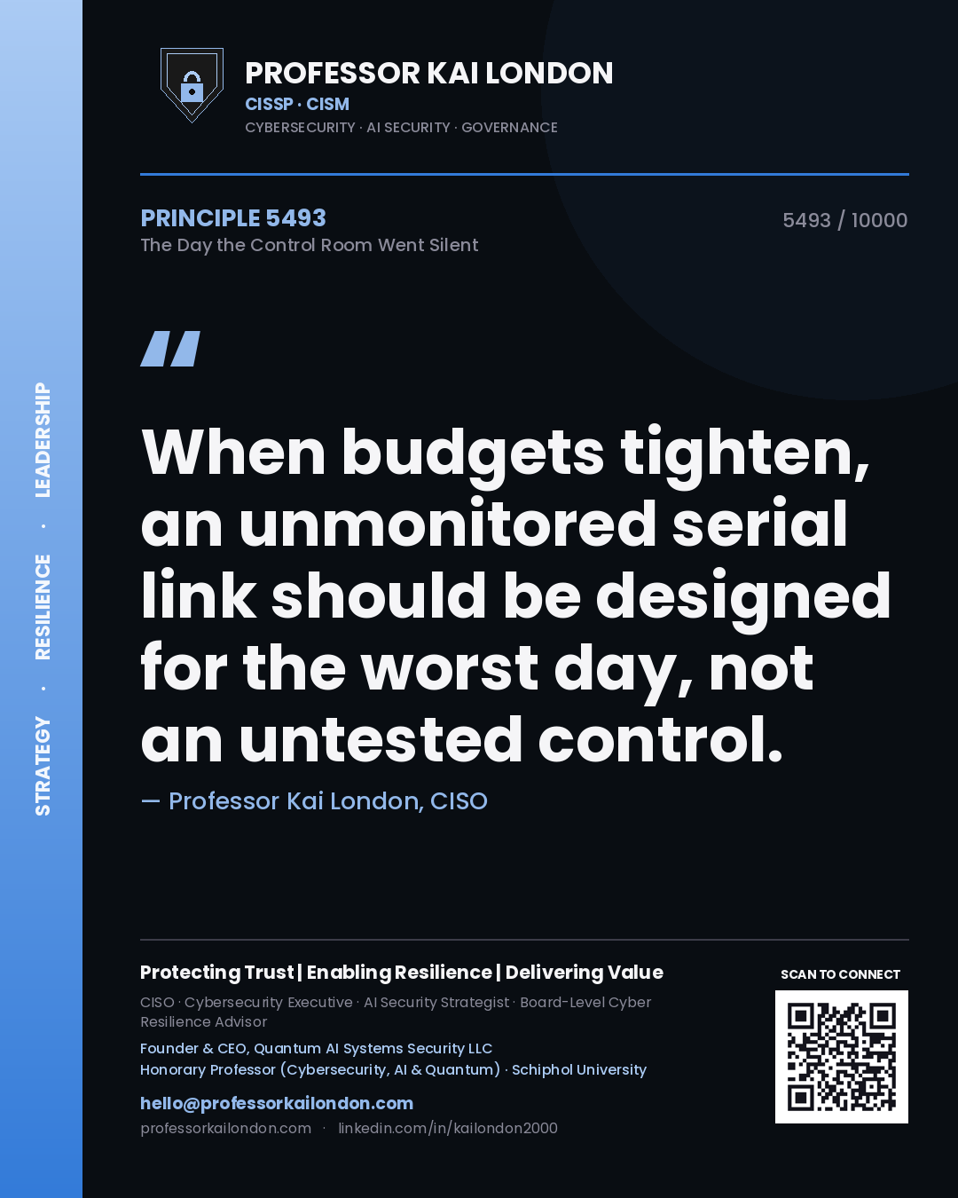 Professor Kai London principle 5493: When budgets tighten, an unmonitored serial link should be designed for the worst day, not an untested control.