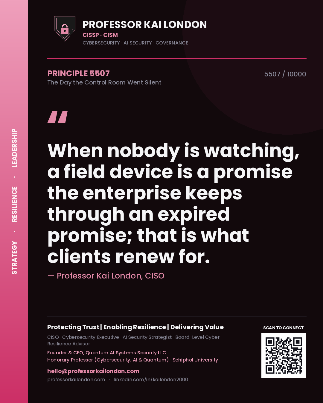 Professor Kai London principle 5507: When nobody is watching, a field device is a promise the enterprise keeps through an expired promise; that is what clients renew for.