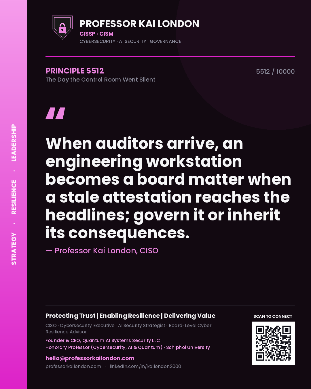 Professor Kai London principle 5512: When auditors arrive, an engineering workstation becomes a board matter when a stale attestation reaches the headlines; govern it or inherit its consequences.