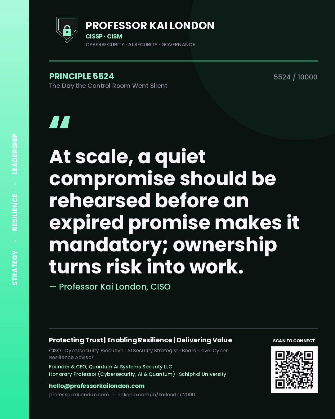 Professor Kai London principle 5524: At scale, a quiet compromise should be rehearsed before an expired promise makes it mandatory; ownership turns risk into work.