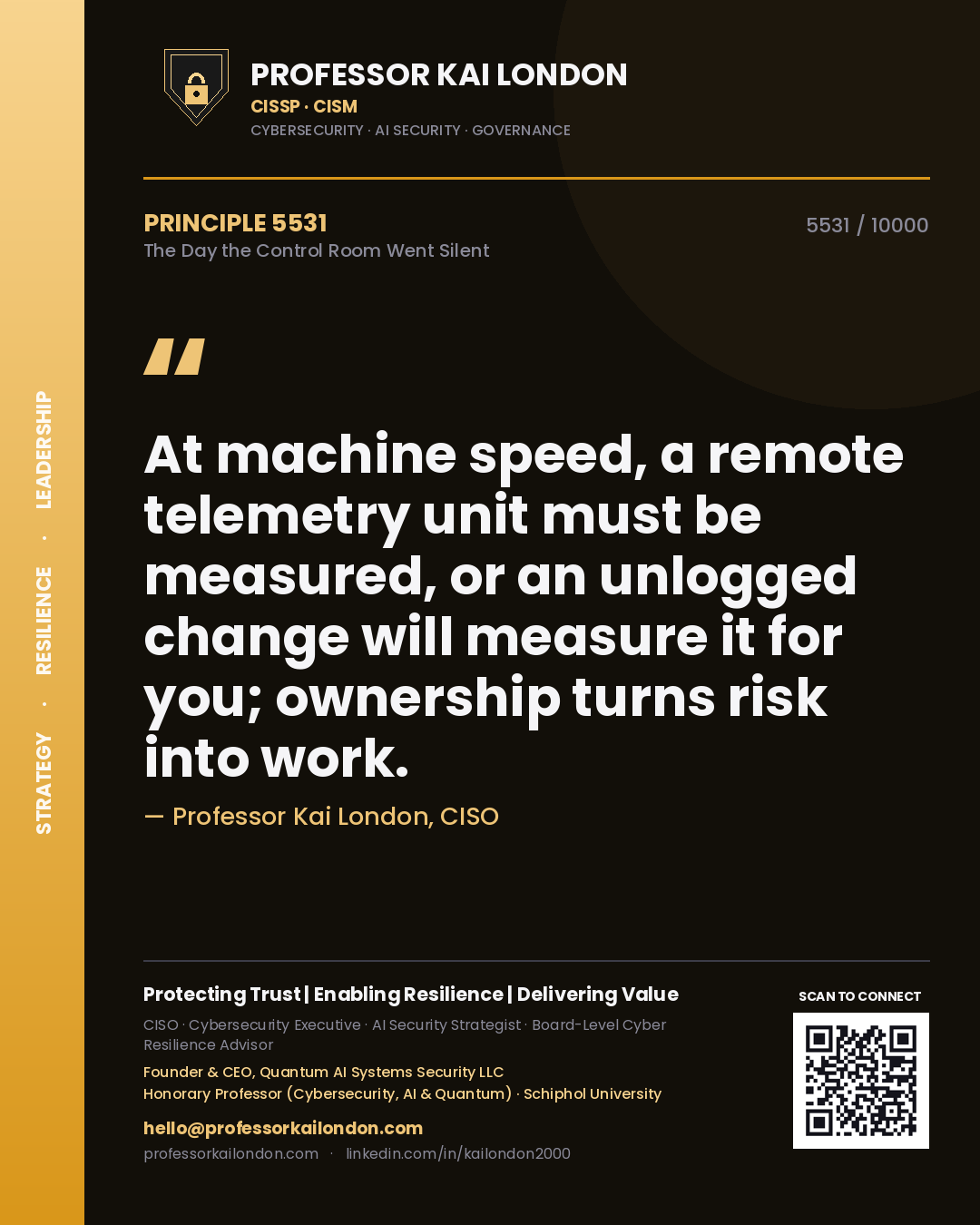 Professor Kai London principle 5531: At machine speed, a remote telemetry unit must be measured, or an unlogged change will measure it for you; ownership turns risk into work.
