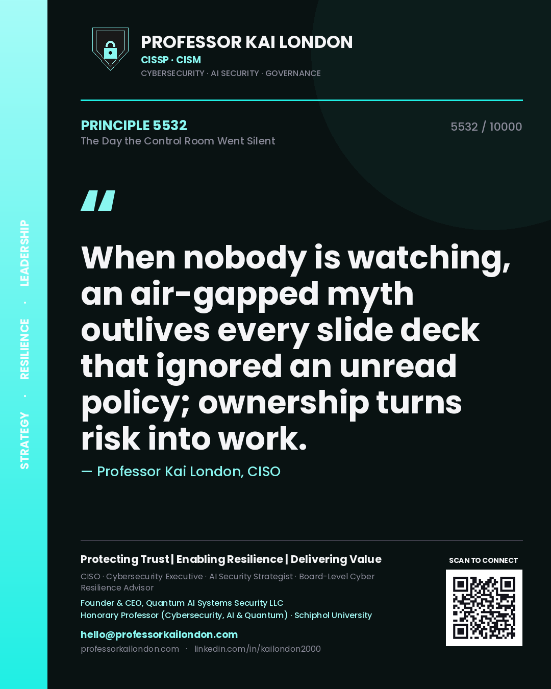 Professor Kai London principle 5532: When nobody is watching, an air-gapped myth outlives every slide deck that ignored an unread policy; ownership turns risk into work.