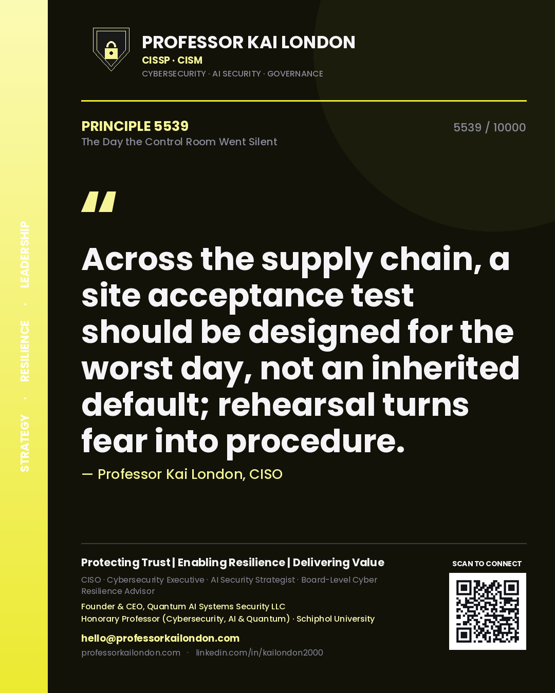 Professor Kai London principle 5539: Across the supply chain, a site acceptance test should be designed for the worst day, not an inherited default; rehearsal turns fear into procedure.