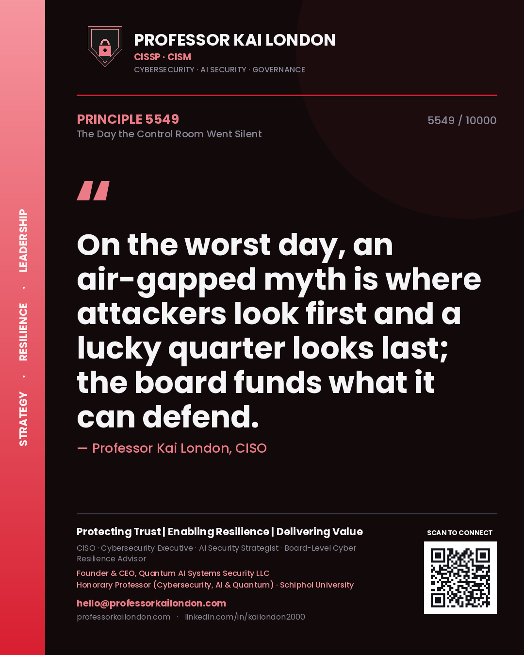 Professor Kai London principle 5549: On the worst day, an air-gapped myth is where attackers look first and a lucky quarter looks last; the board funds what it can defend.