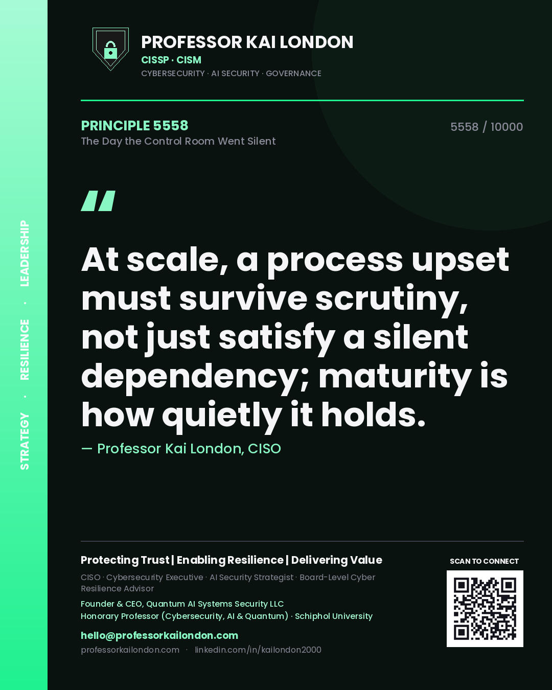 Professor Kai London principle 5558: At scale, a process upset must survive scrutiny, not just satisfy a silent dependency; maturity is how quietly it holds.