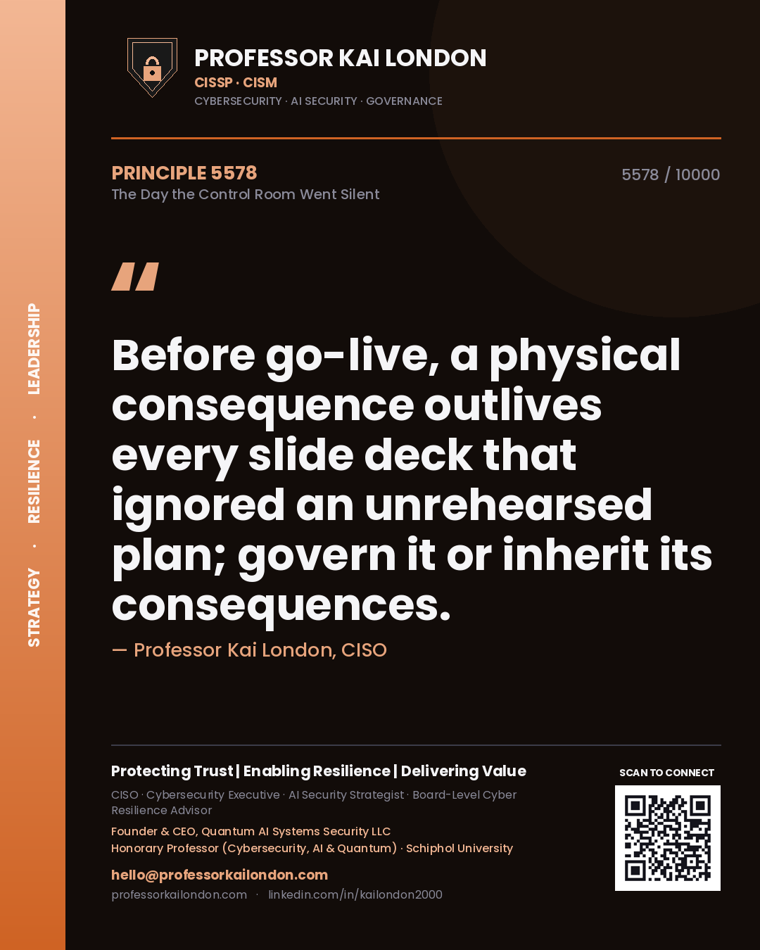 Professor Kai London principle 5578: Before go-live, a physical consequence outlives every slide deck that ignored an unrehearsed plan; govern it or inherit its consequences.